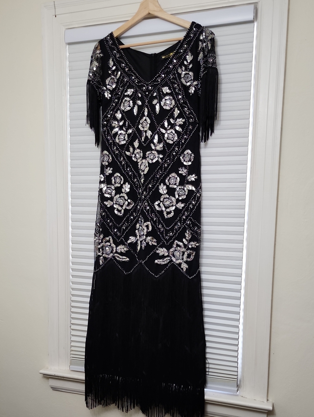 Black Silver Beaded Gatsby Dress 1920s Flapper Style Maxi Fringe Formal Large